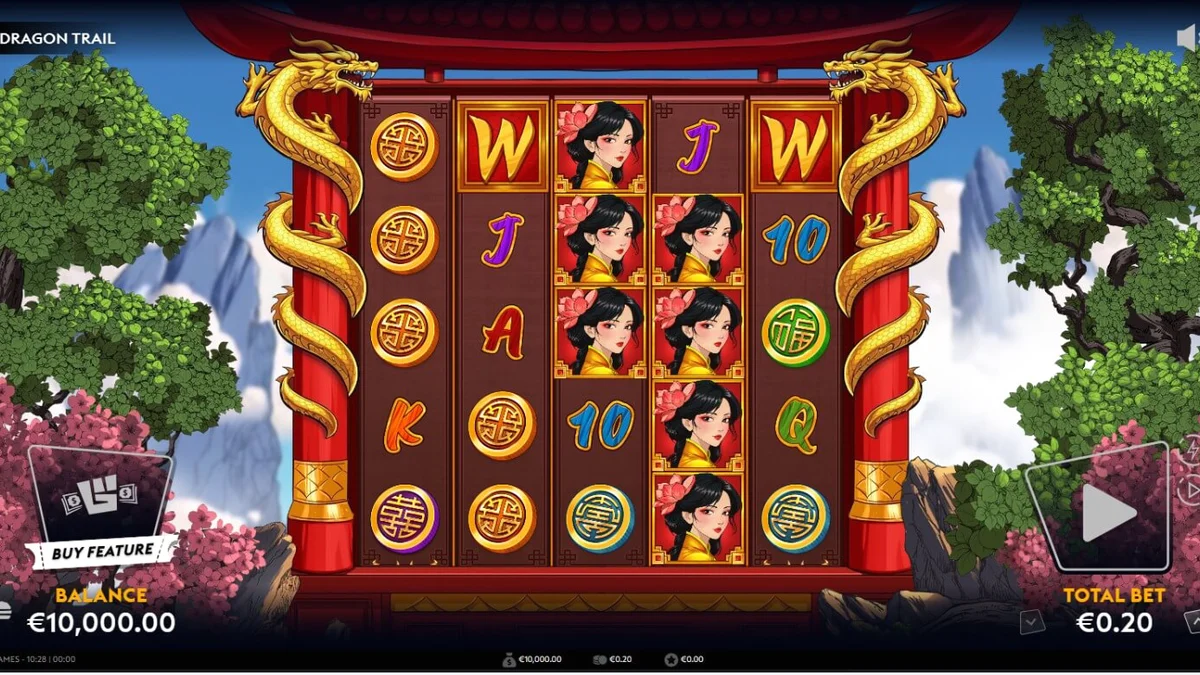 Interface do slot Dragon Trail com dragões dourados e temática asiática