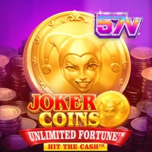 Captura de tela do jogo Joker Coins Unlimited Fortune, mostrando os cilindros com símbolos de frutas, curingas e moedas douradas.