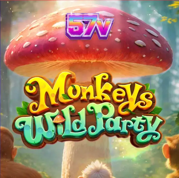 Interface vibrante e colorida do slot Monkeys Wild Party com símbolos de primatas e cogumelos mágicos.